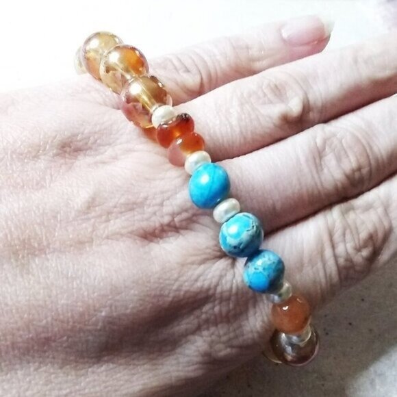 Mixed Media ~ Beaded Bracelet 7" Wrist! Aqua Sea Sediment Jasper, Orange Agate - Picture 3 of 8